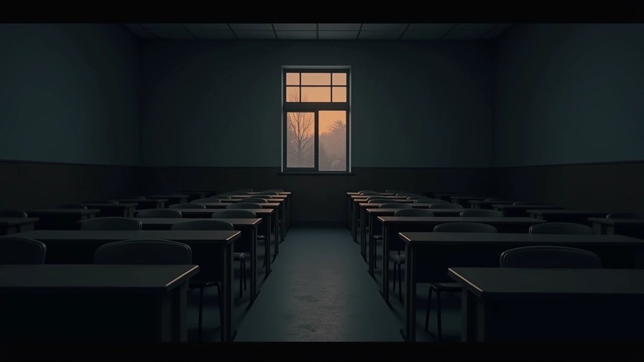Illustration: an empty school classroom with rows of desks in dim afternoon light.
