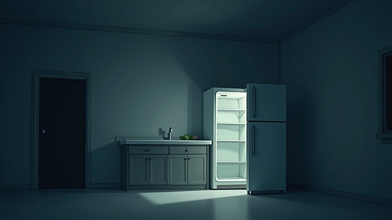 Illustration: a kitchen at night lit by the glow of an open refrigerator.