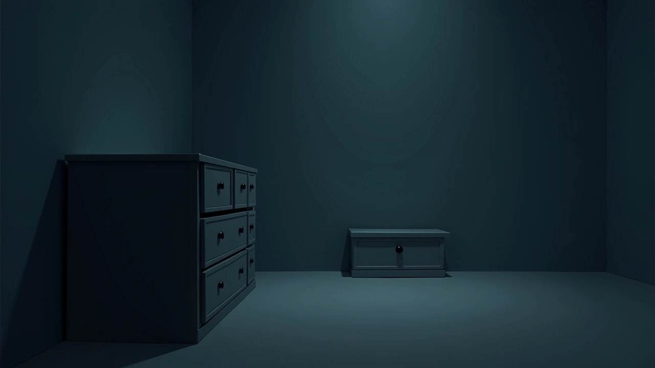 Illustration: A dresser in a dim bedroom, one drawer left slightly open.