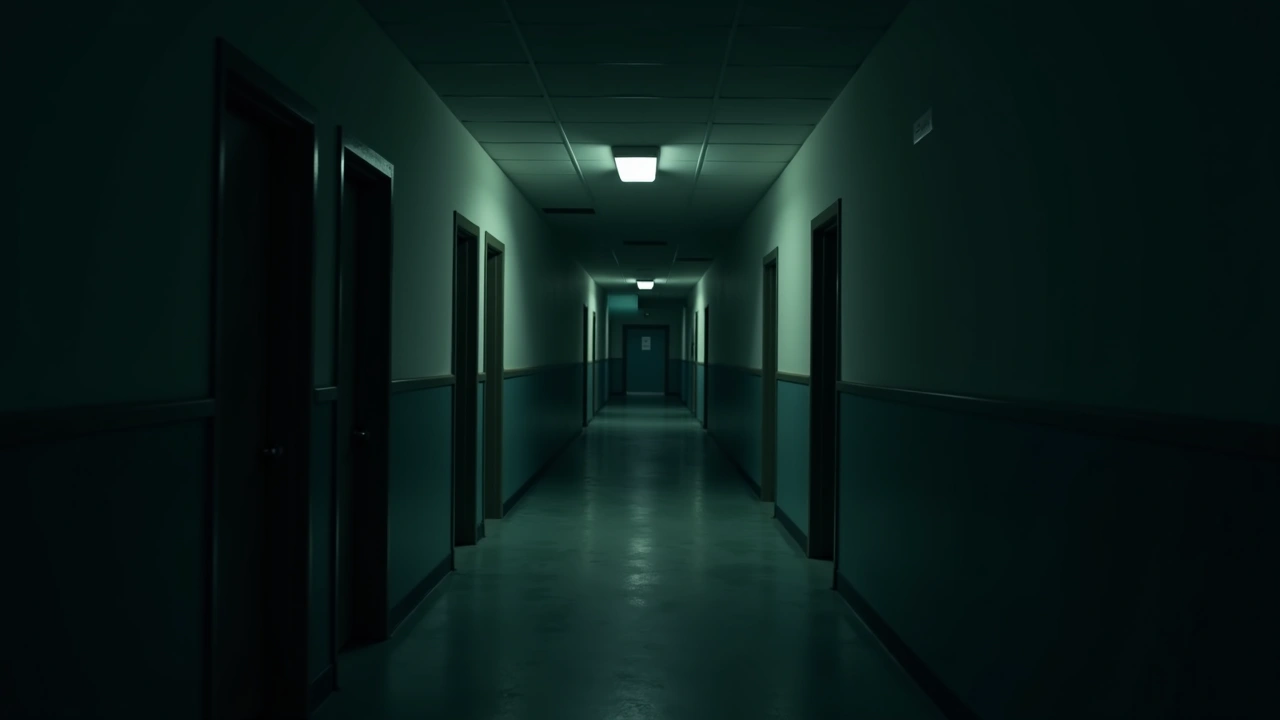 Illustration: an old high school hallway at night, empty and dim.