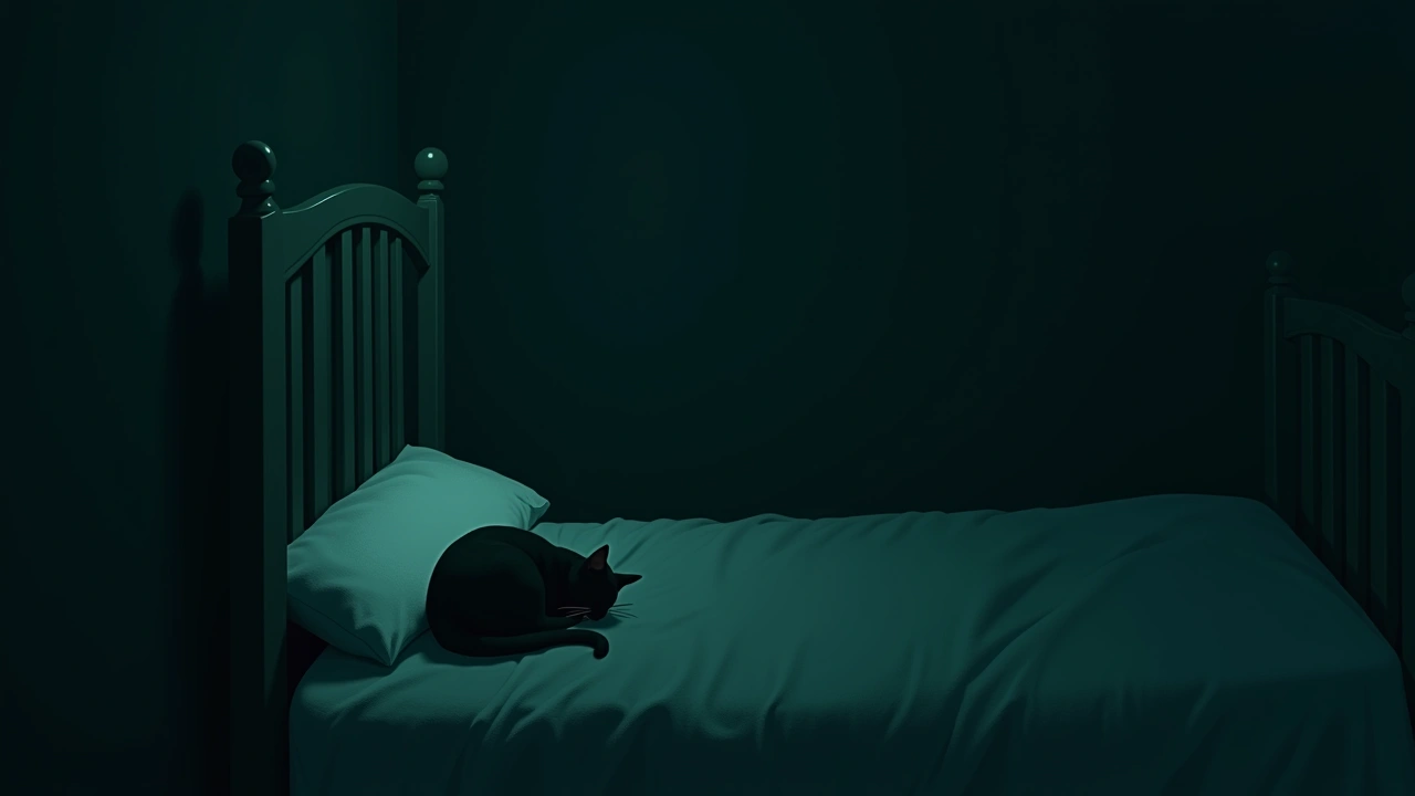 Illustration: a cat curled up at the foot of a bed at night.
