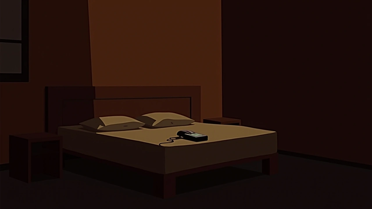 Illustration: an empty bedroom at night with a phone lying on the bed.