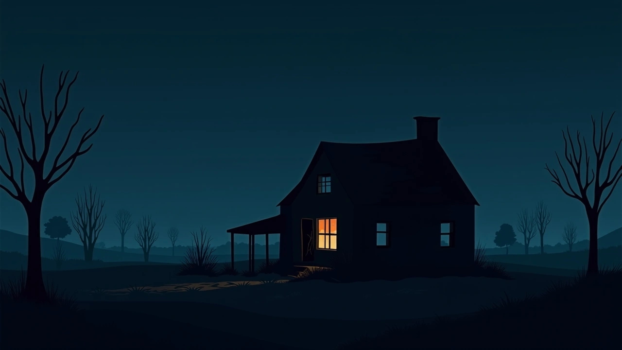 Illustration: the charred remains of a burned-down house at dusk.