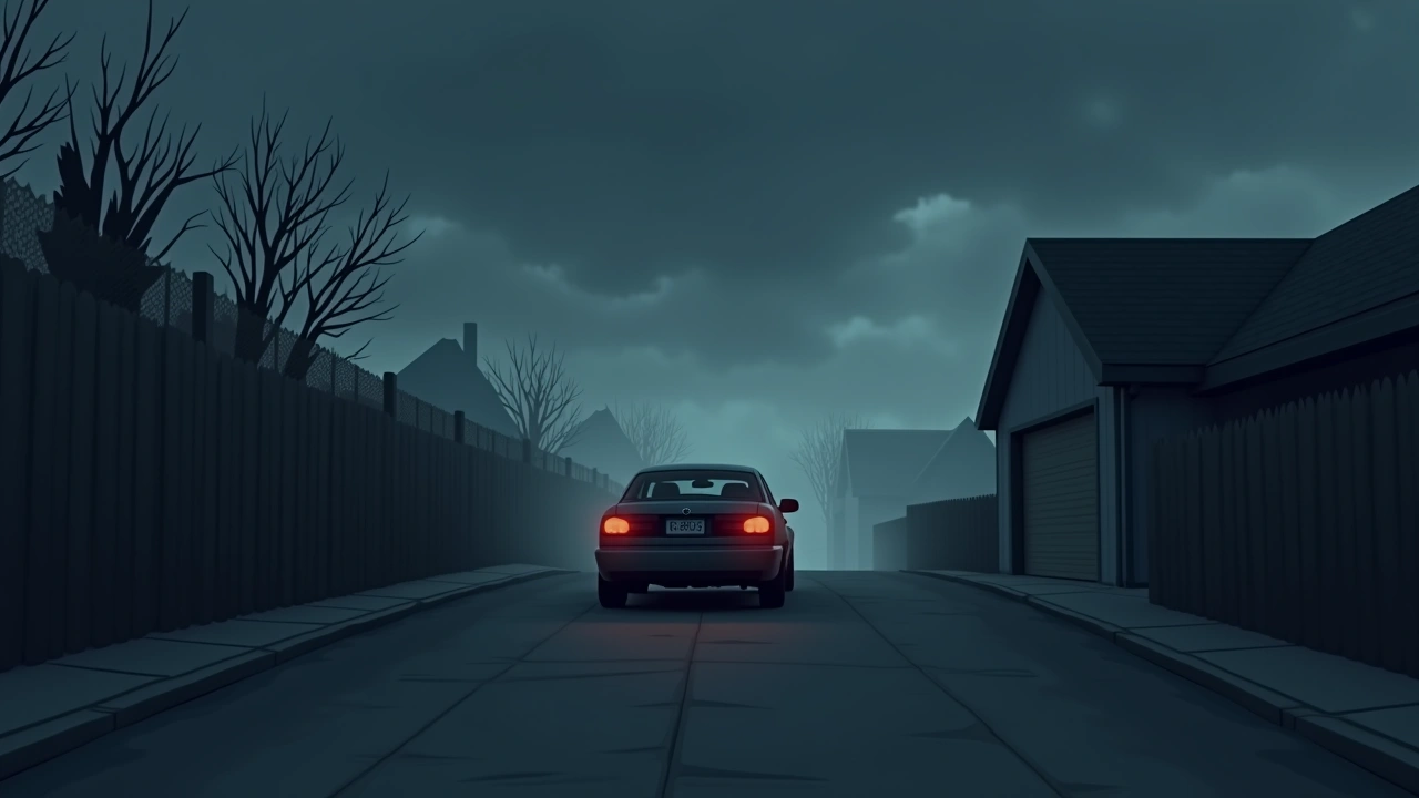 Illustration: a car pulling out of a driveway at dusk under a cloudy sky.