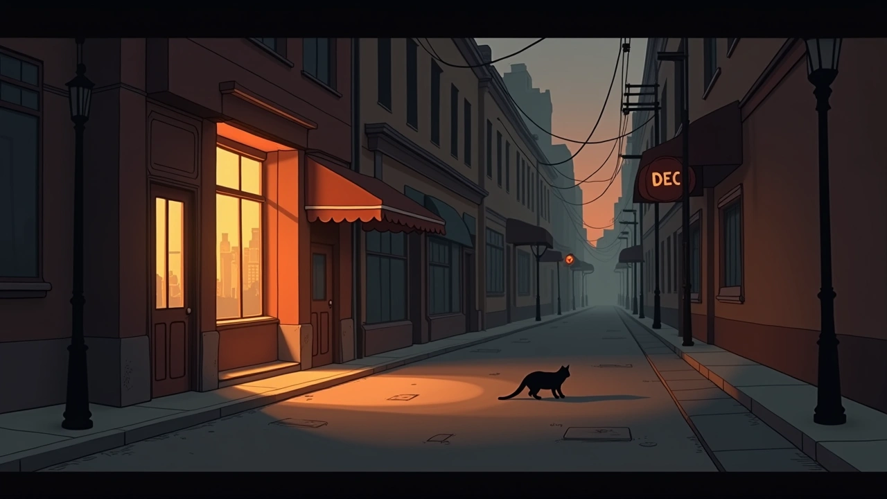Illustration: a cafe-lined street at dusk, a cat pausing on the sidewalk ahead.