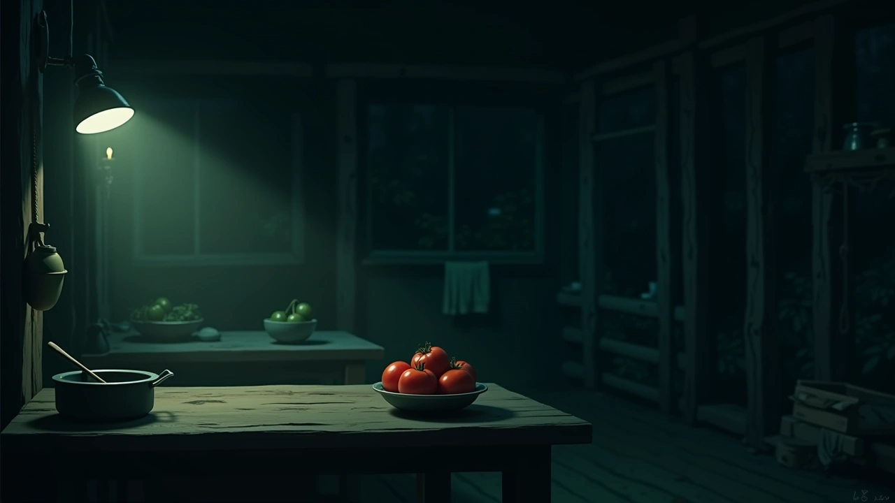 Illustration: a rustic cabin kitchen at night with a bowl of tomatoes on the table.