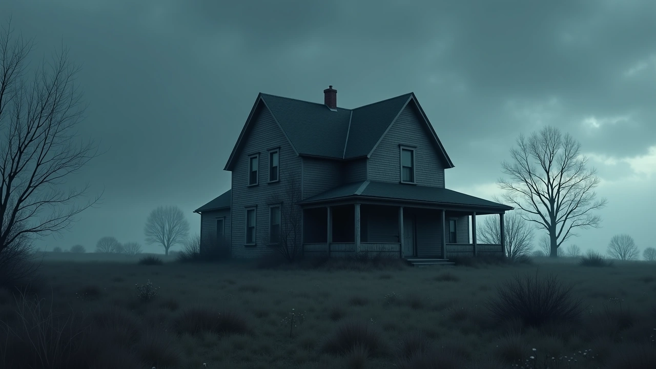 Illustration: an old, weathered farmhouse-style house exterior in fading light.