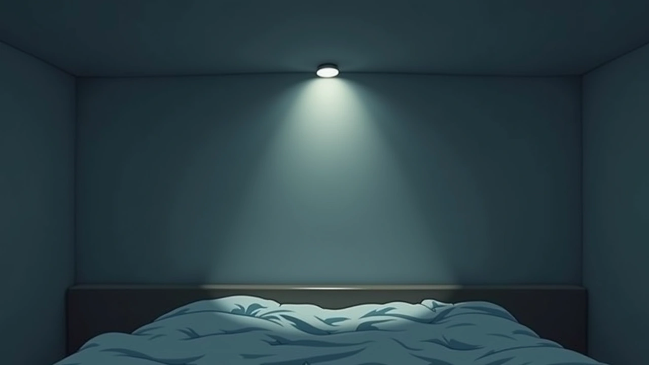 Illustration: a bedroom ceiling seen from below, a bed underneath in dim light.