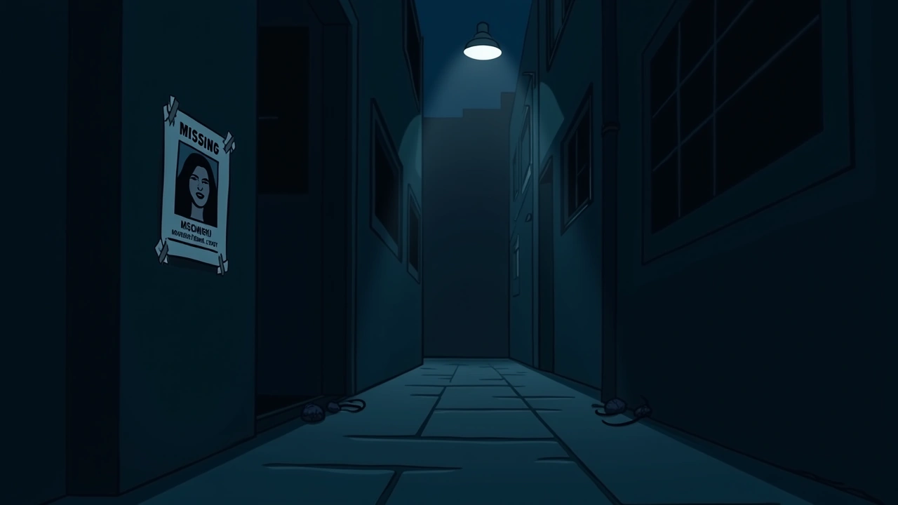 Illustration: A dim alleyway at night with a missing-person flyer taped to a wall.