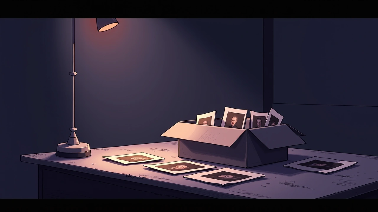 Illustration: a box of old family photographs spread across a table in warm lamplight.