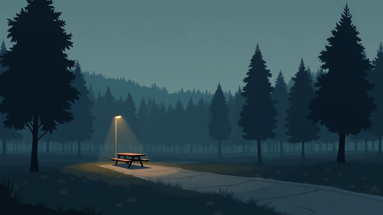 Illustration: a park at dusk beside a forest, with a family's picnic blanket nearby.