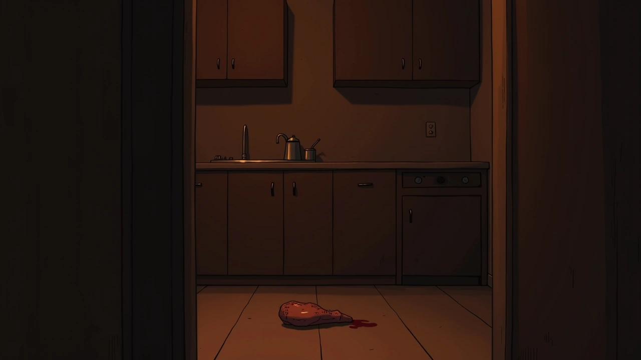 Illustration: a dim kitchen counter at night with a small fallen object on the floor below.