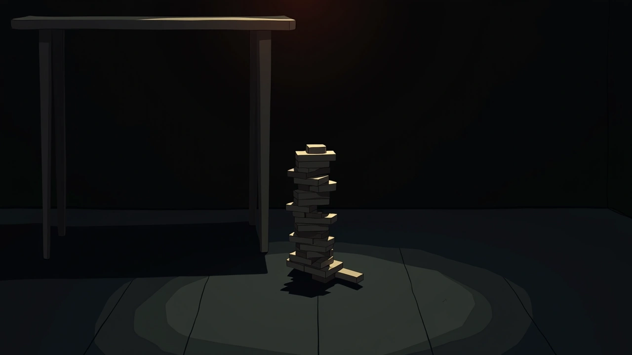 Illustration: a Jenga game box on the floor beneath a table in a dim room.