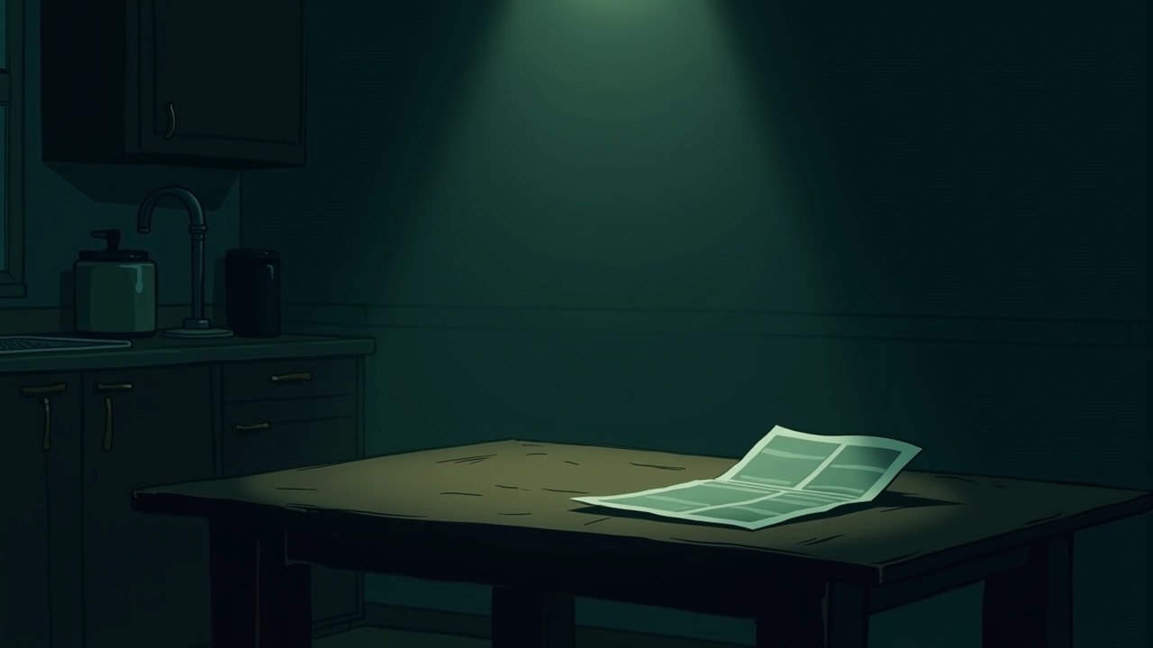 Illustration: a campaign flyer lying on a kitchen table in dim evening light.