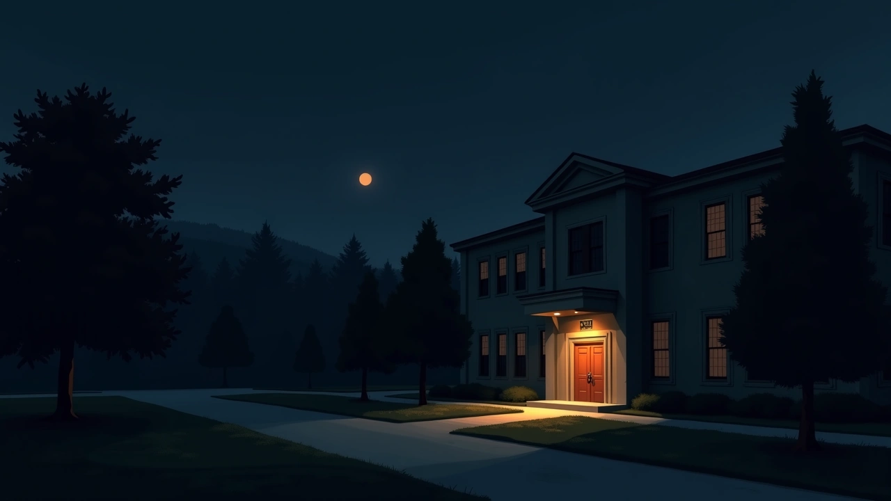 Illustration: A college campus building at dusk.