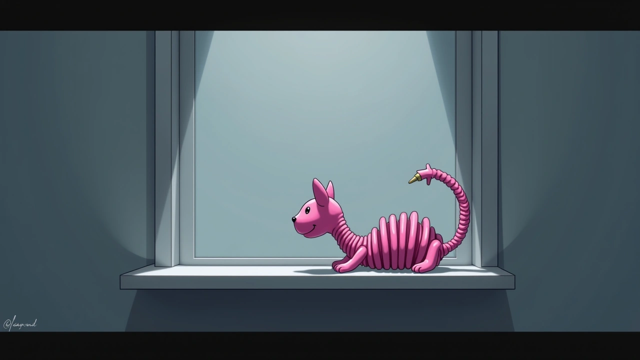 Illustration: a pink slinky toy resting on a shelf in a child's bedroom.