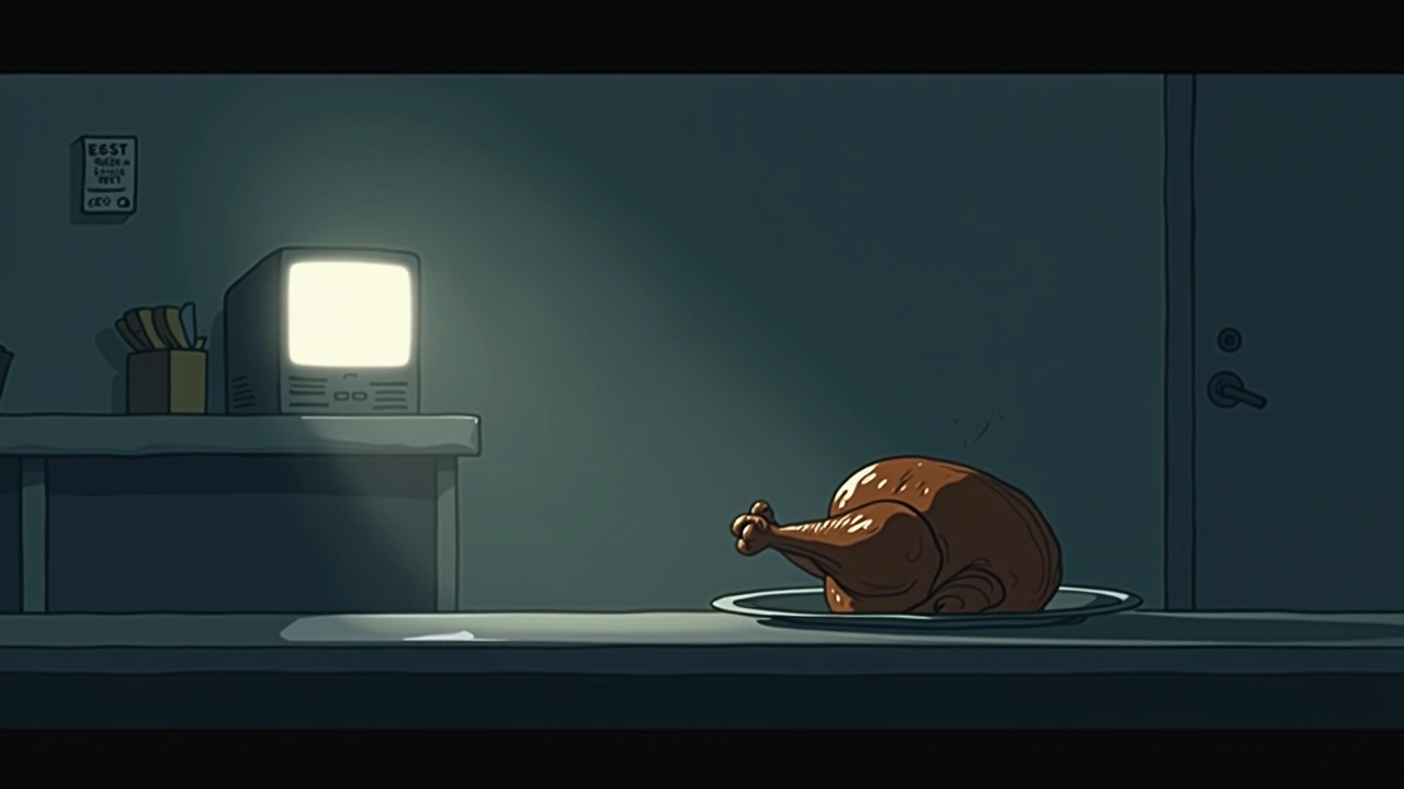 Illustration: a whole rotisserie chicken rolling on a restaurant counter, a TV's glow nearby.