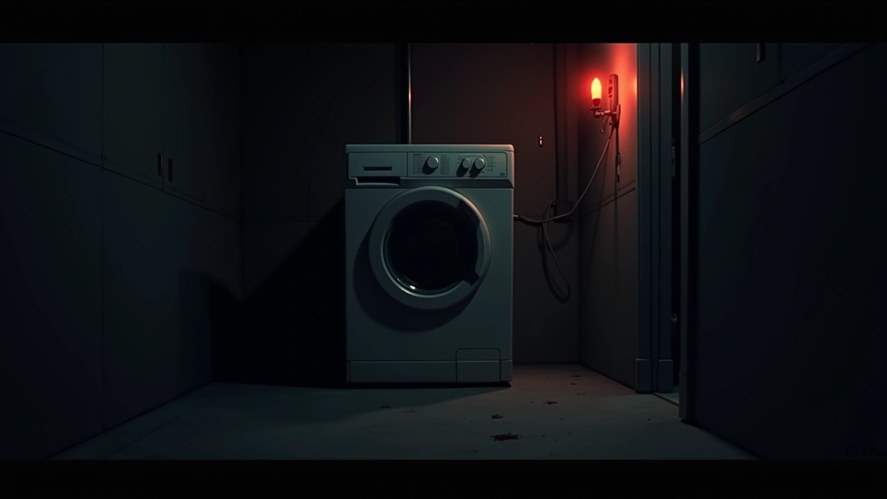 Illustration: a washing machine mid-cycle in a dim laundry room, a red light flashing nearby.