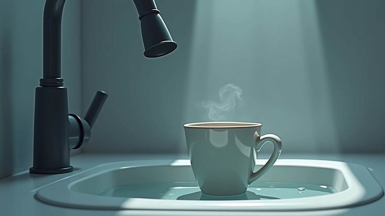 Illustration: a coffee cup fallen in a kitchen sink.