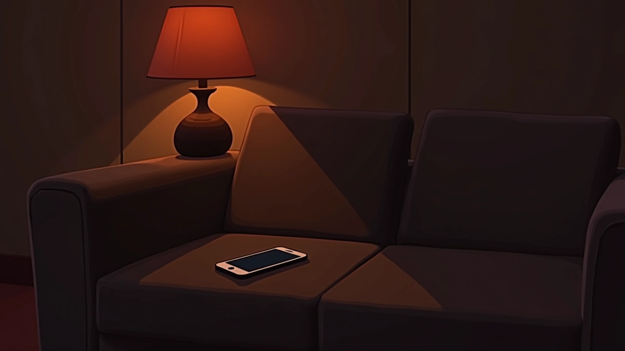 Illustration: a softly lit living room in the evening, a smartphone resting on a couch cushion.