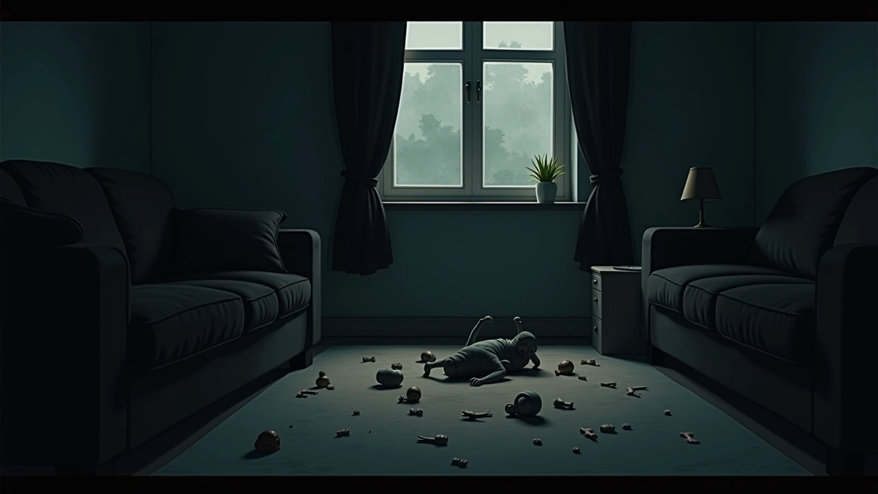 Illustration: a living room floor scattered with toys, afternoon light through a window.