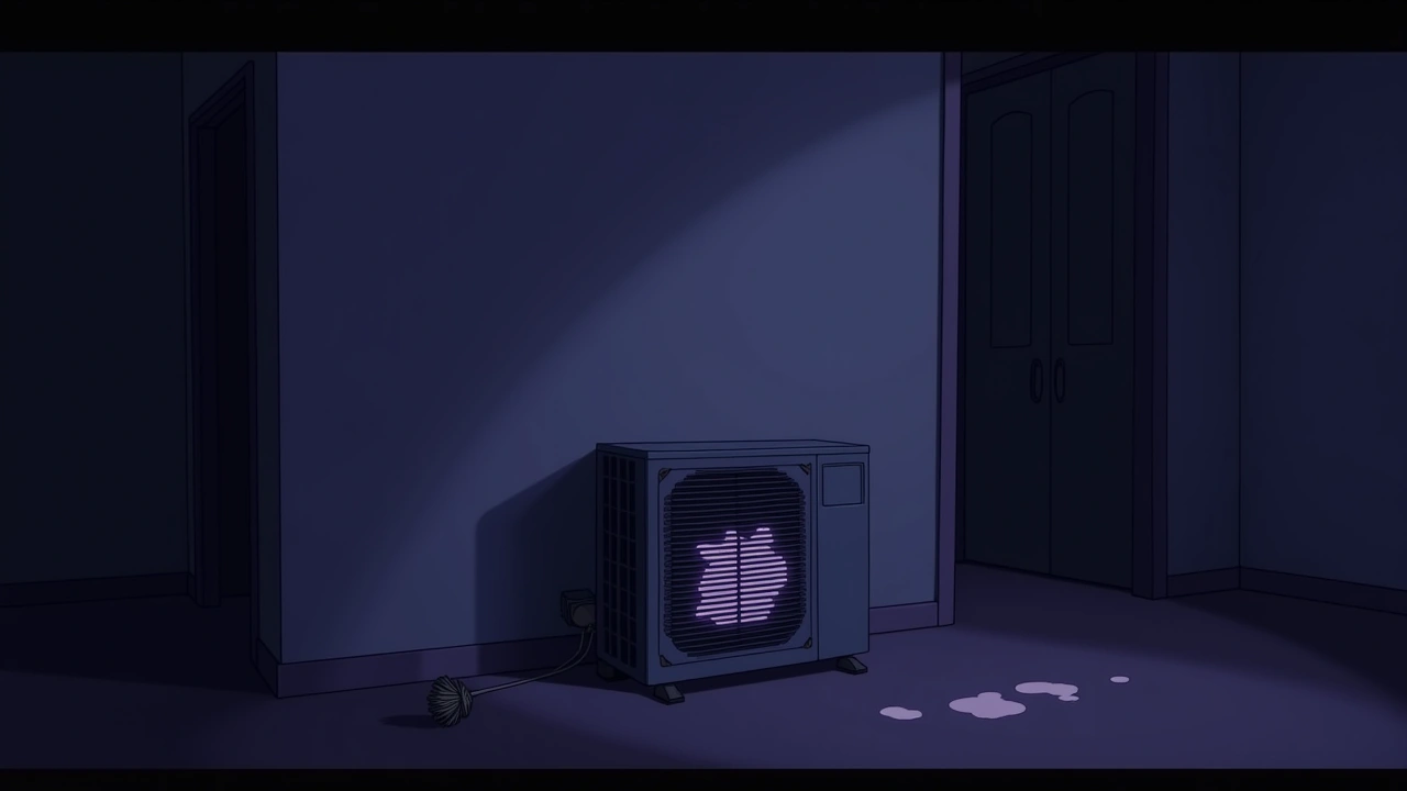 Illustration: A home air conditioning unit glowing faintly in a dim room.