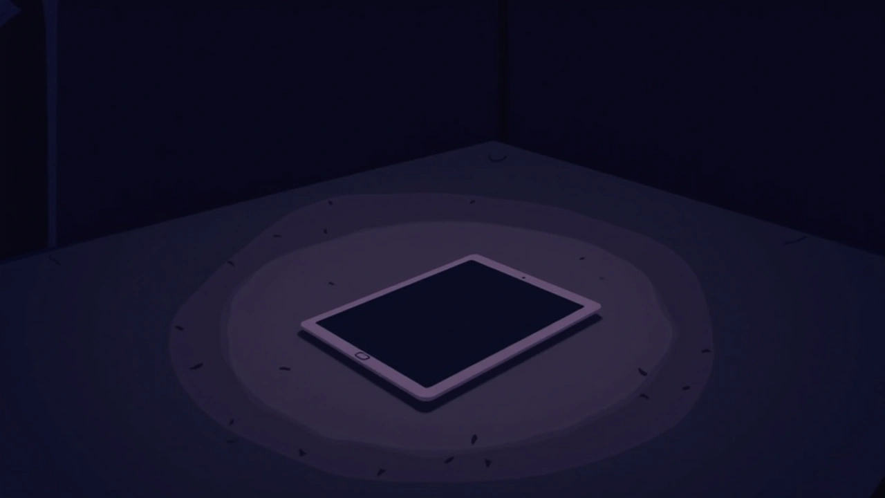 Illustration: a tablet lying in the middle of a table at night.
