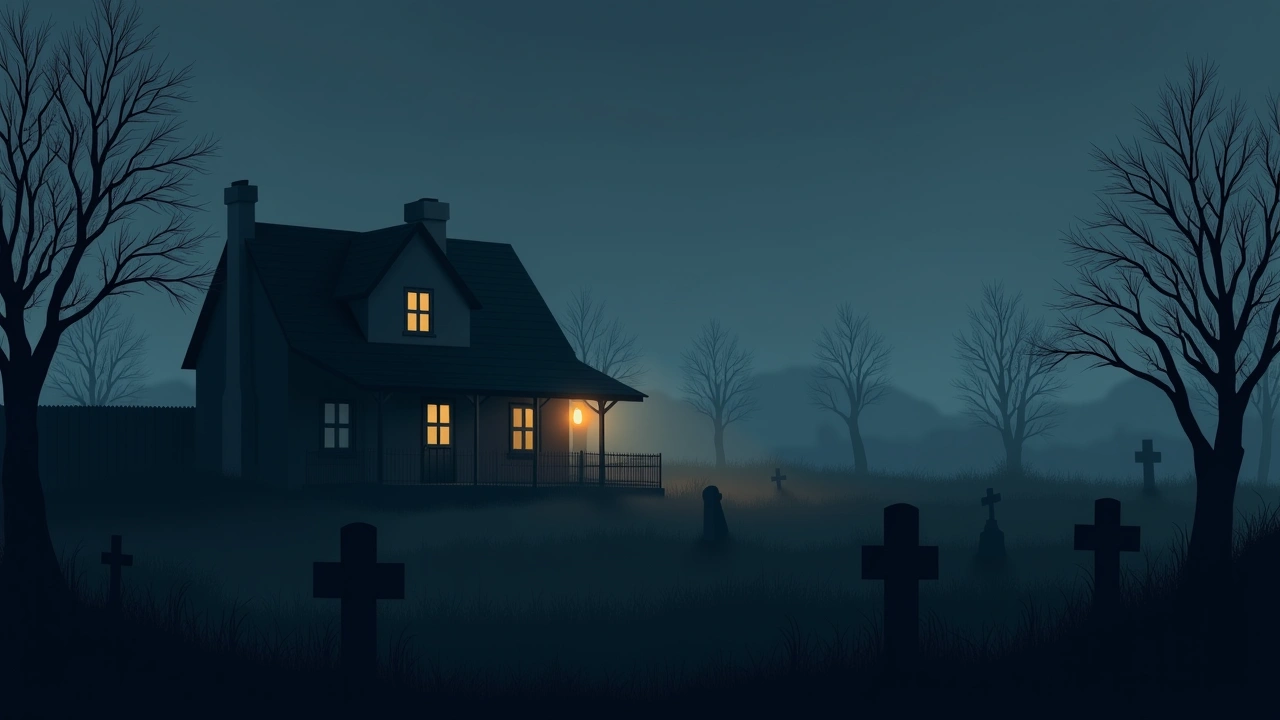 Illustration: a house with a small cemetery visible in the backyard at dusk.