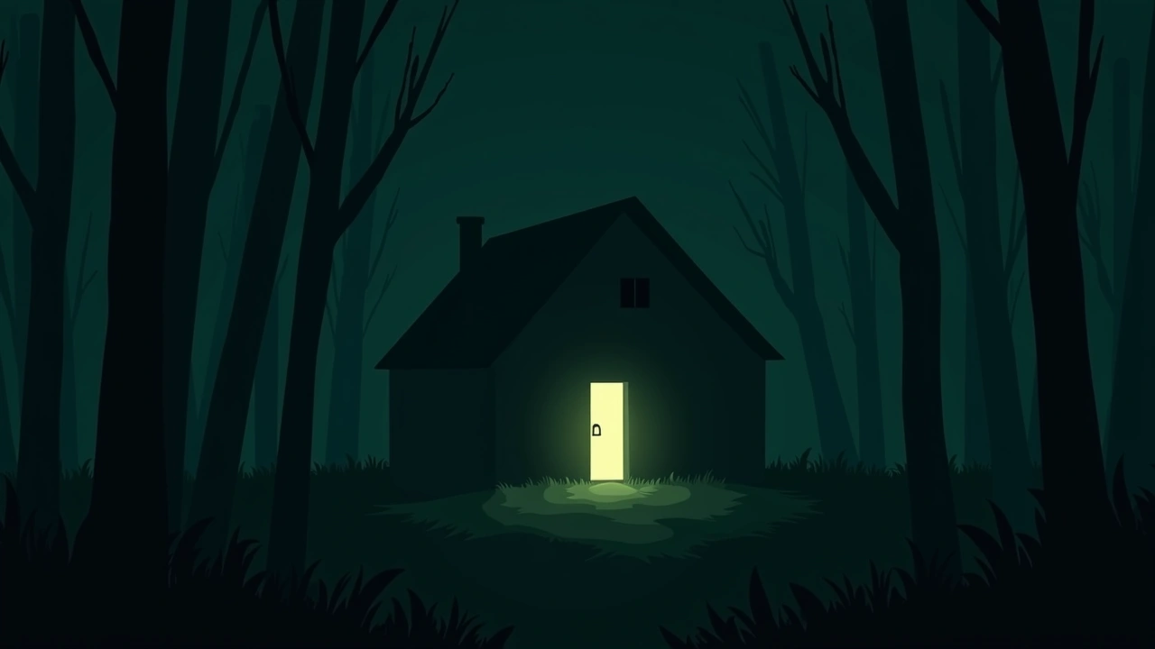 Illustration: a dimly lit, unfamiliar house at night, sensed as quietly unsettling.