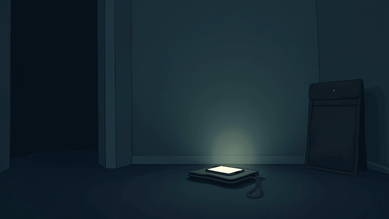 Illustration: a phone glowing to life inside a closed purse at a quiet funeral home.