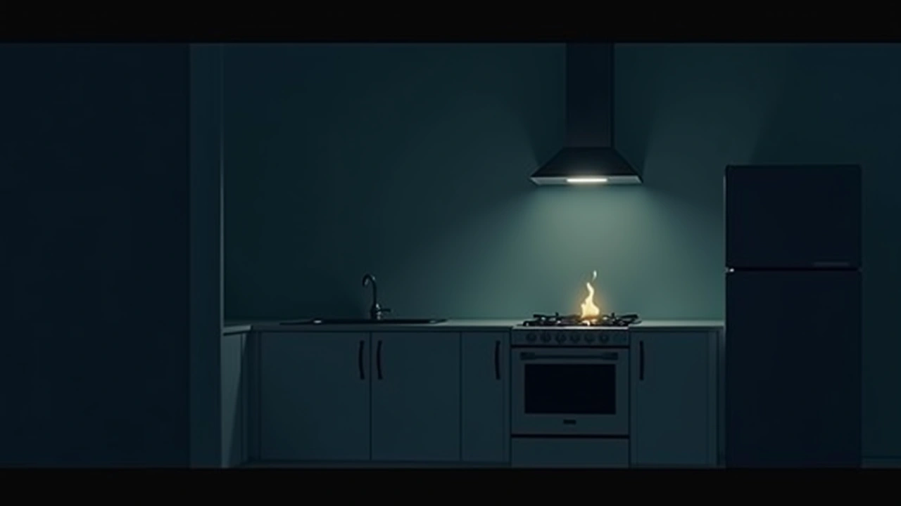 Illustration: a kitchen stove burner glowing faintly in a dim, quiet room.