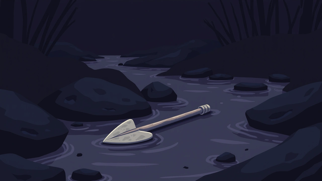 Illustration: a stone arrowhead resting on a creek bed, water flowing past smooth stones.