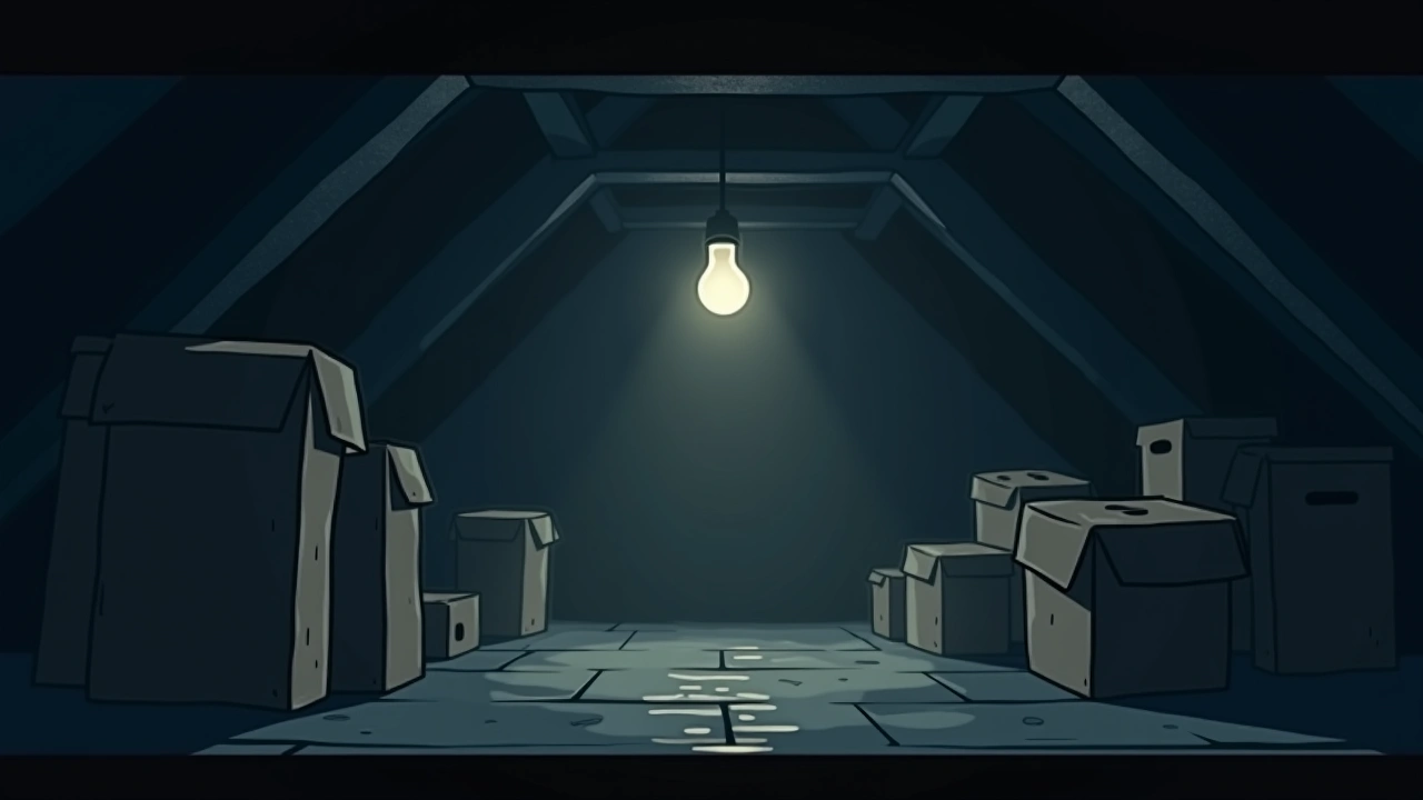 Illustration: a dim attic space with a bare bulb flickering, cluttered boxes casting long shadows.