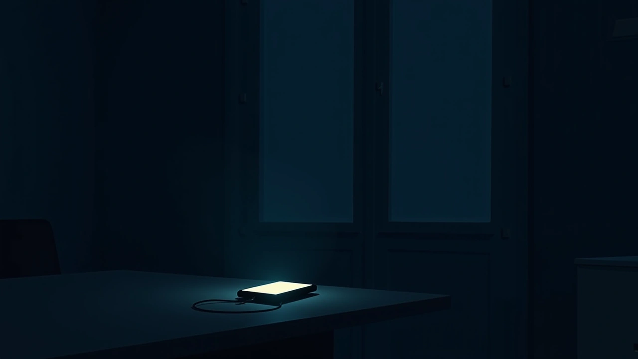 Illustration: a dim living room at night, an empty phone glowing softly on a table.