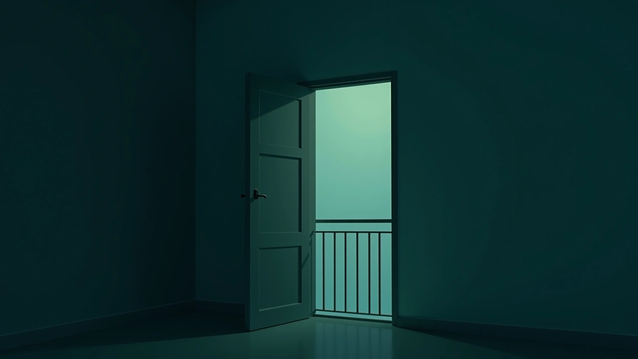 Illustration: a balcony door swinging shut on its own on a still, sunny afternoon.
