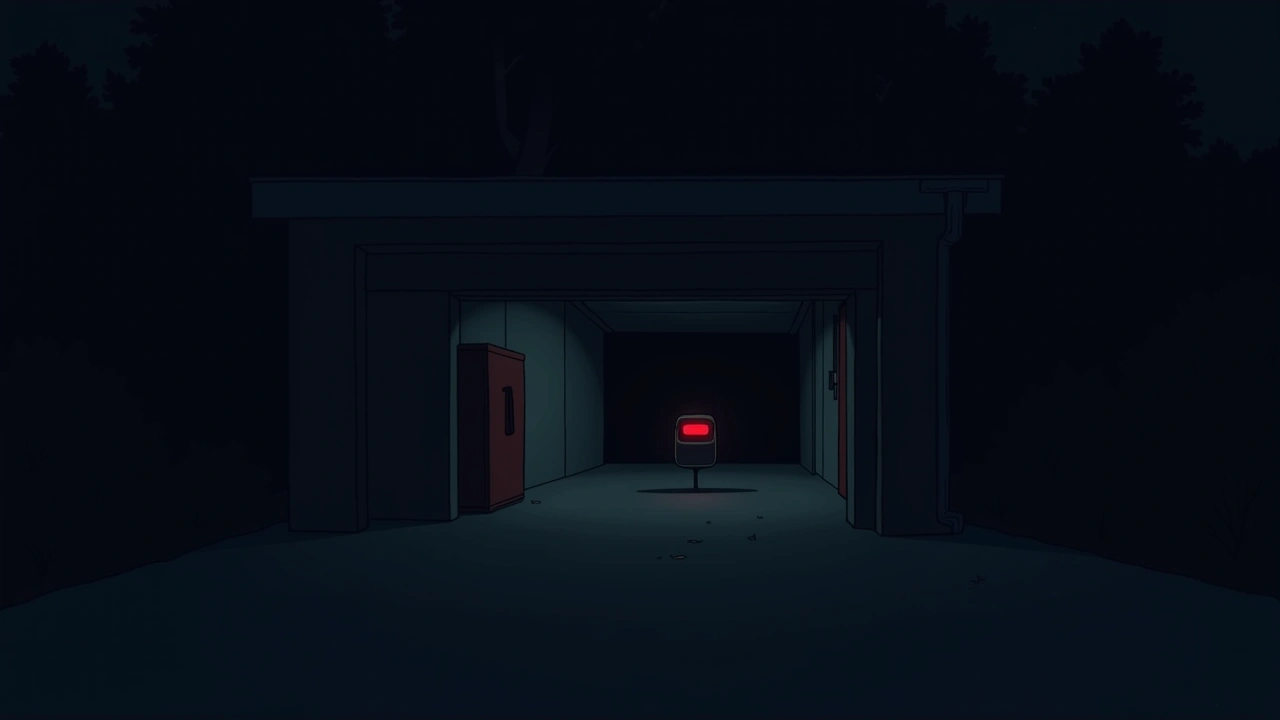 Illustration: A dim garage at night, a glowing red bar on a phone screen pulsing like lava.