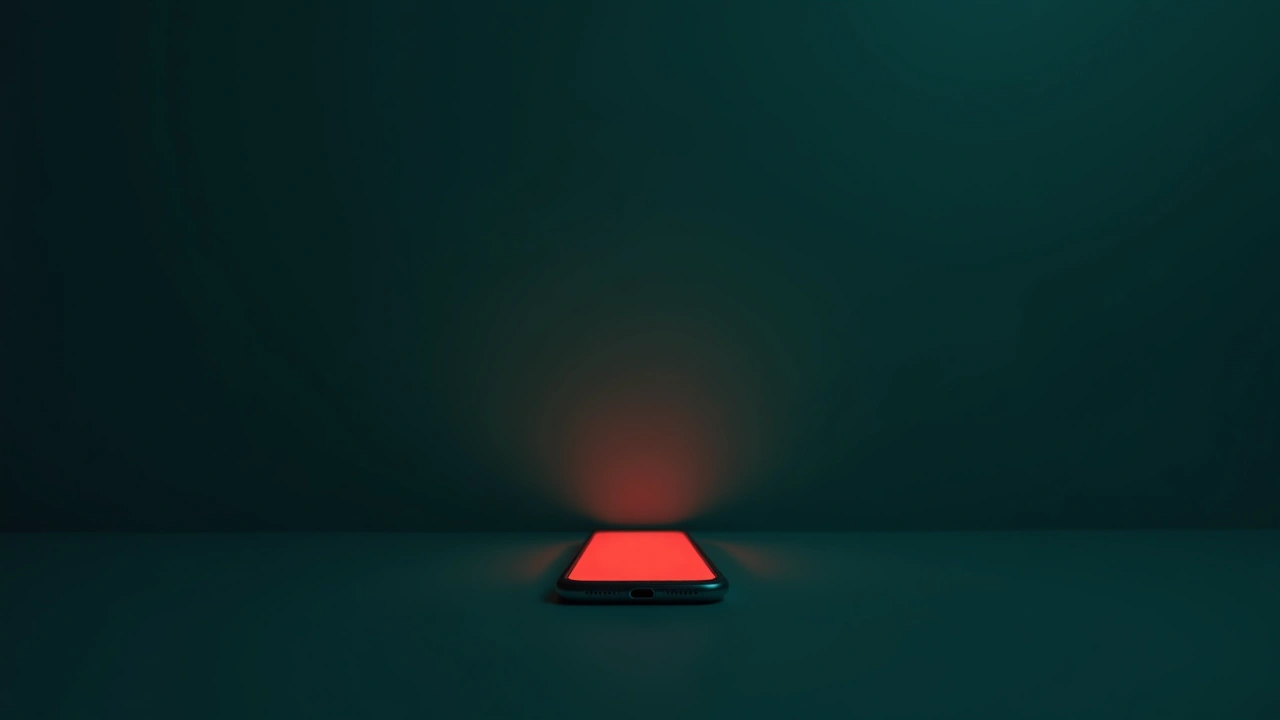 Illustration: A phone screen glowing bright red in a dim room.