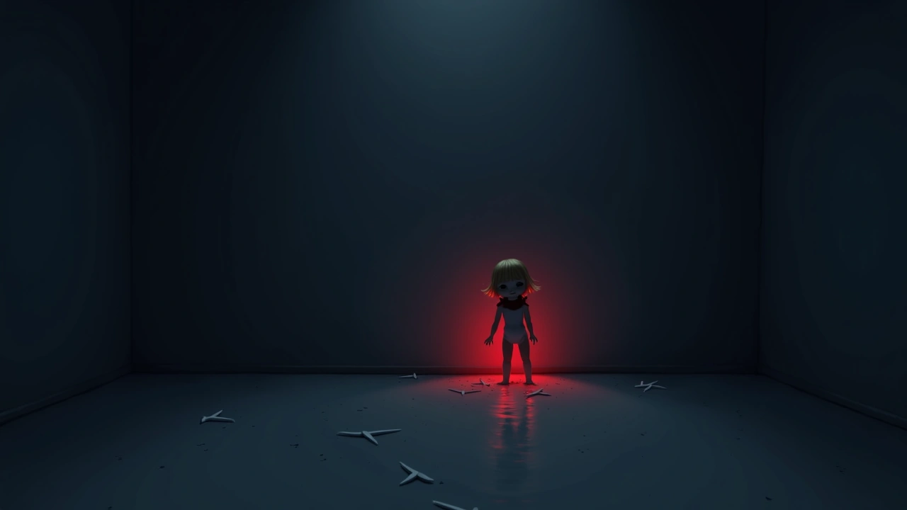 Illustration: a Barbie doll glowing bright red in a dim loft at night.