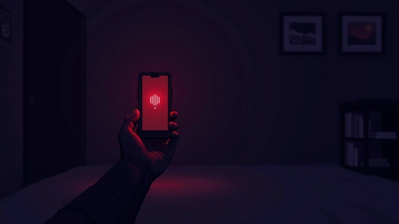 Illustration: a phone screen glowing red with rising signal bars in a dark room.