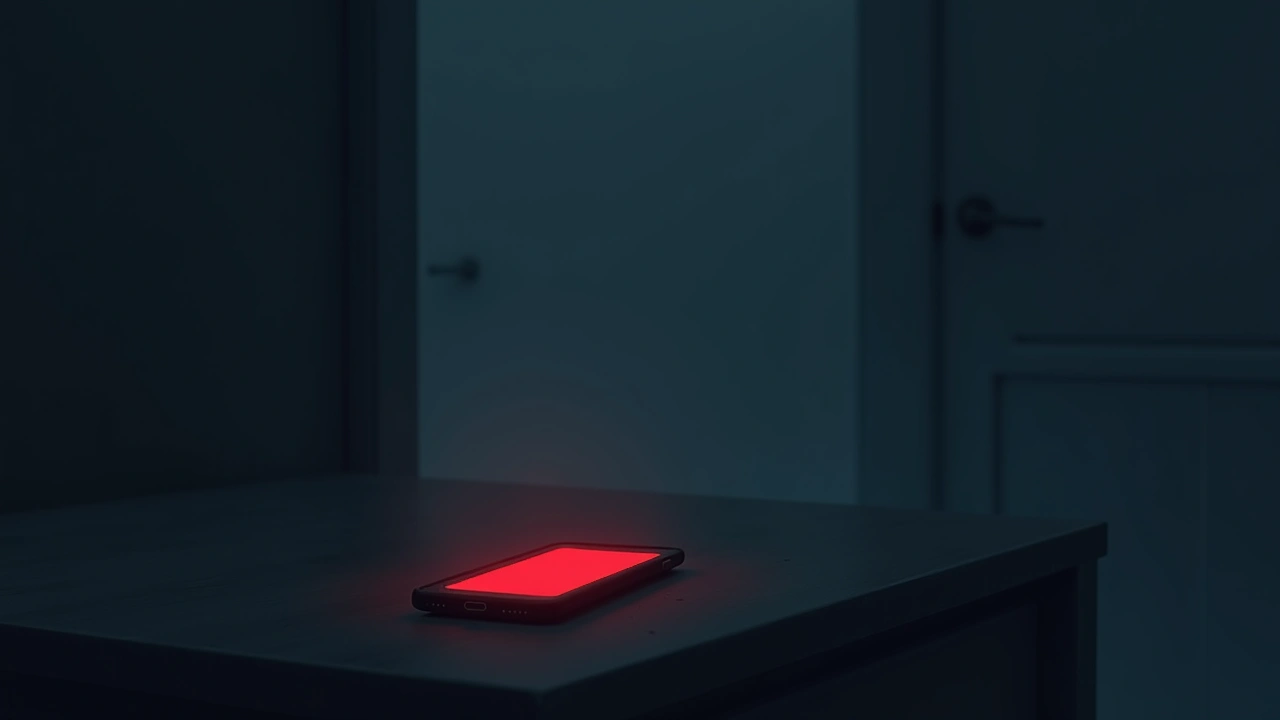 Illustration: a smartphone screen glowing bright red on a table in a dim room.