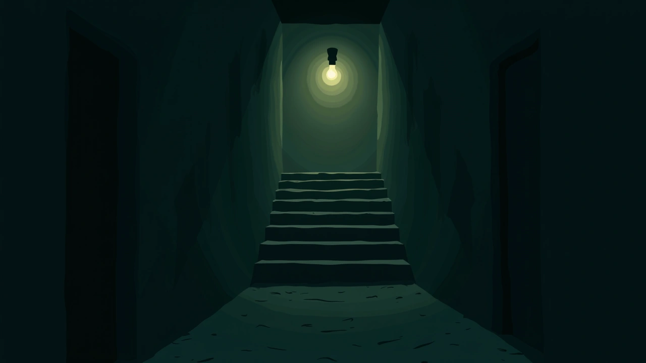Illustration: A dim basement stairwell lit by a single bare bulb.