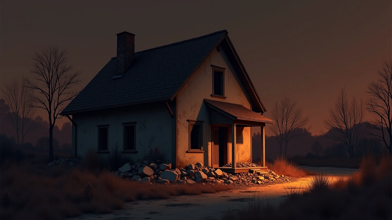 Illustration: the rubble of a demolished old bathhouse behind a house at night.