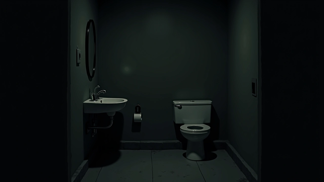 Illustration: a dim, ordinary bathroom with an uneasy, lingering atmosphere.