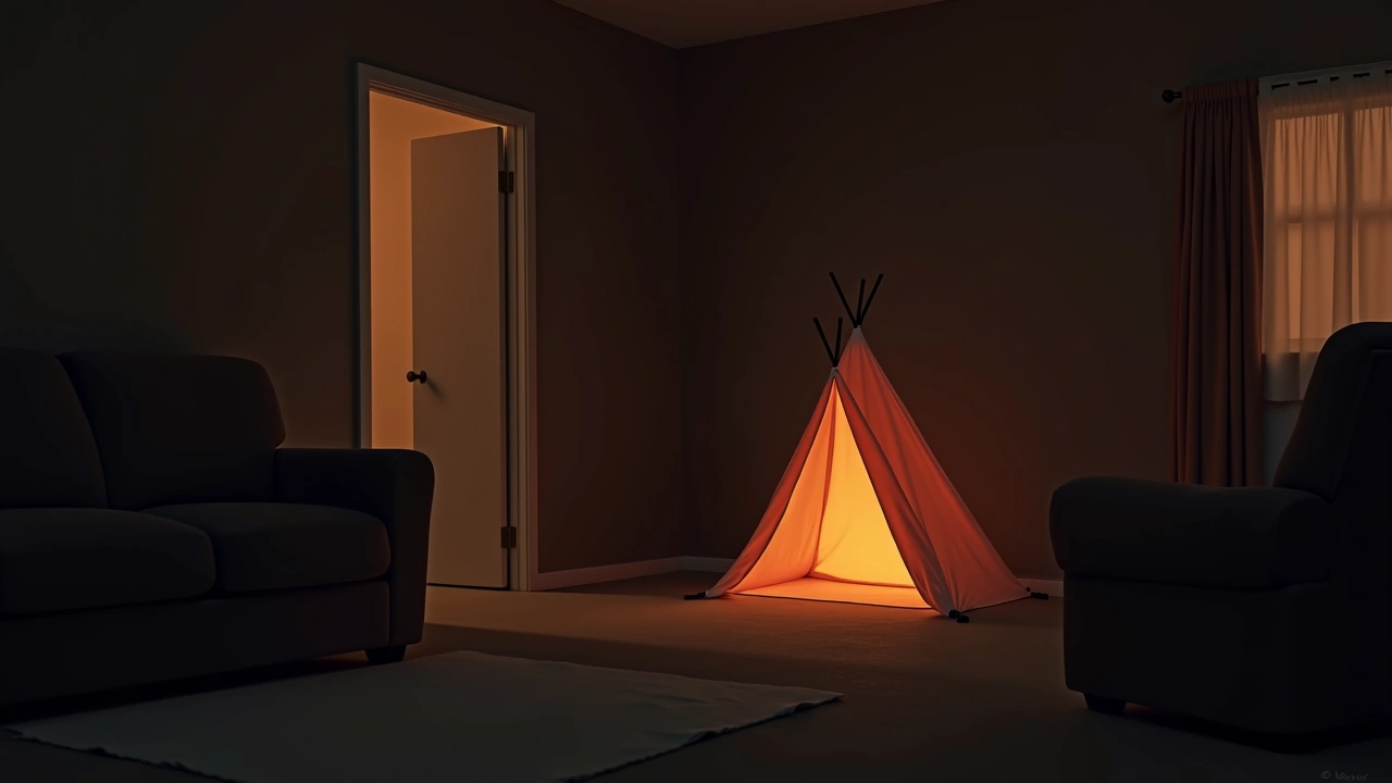 Illustration: a child's play tent glowing faintly inside a dim living room at night.
