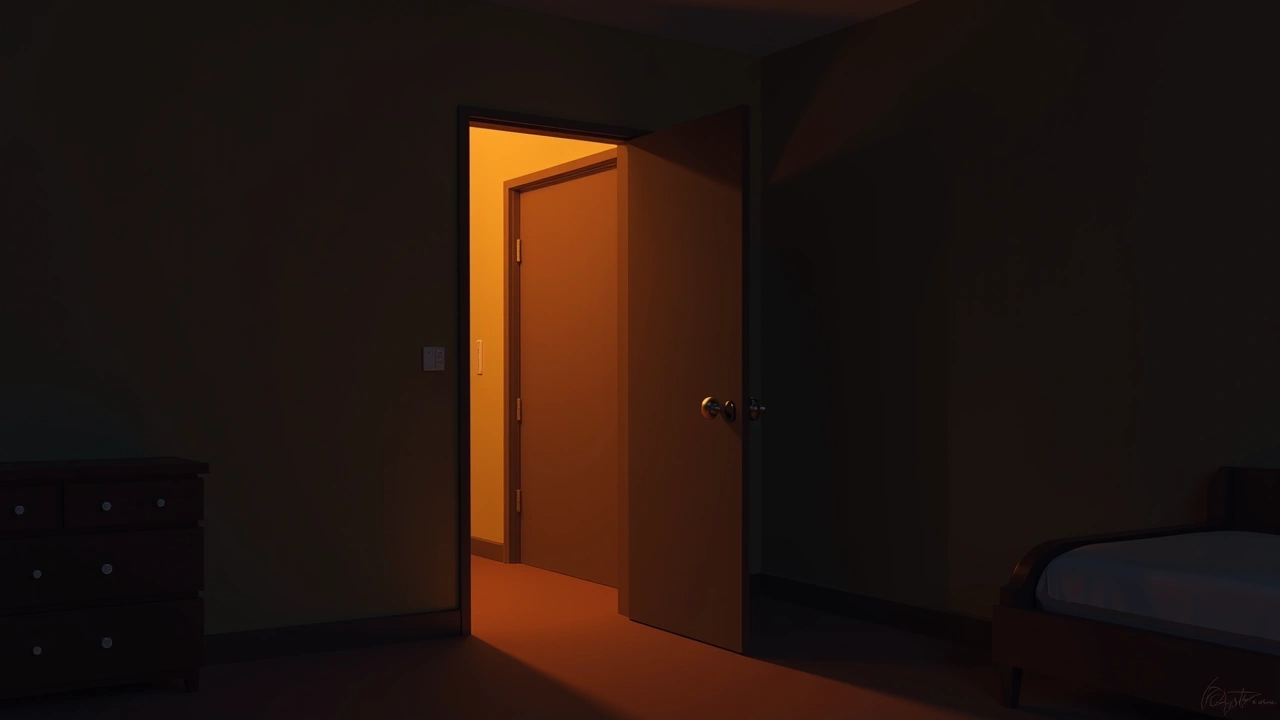 Illustration: a closet door slightly ajar in a dim bedroom.