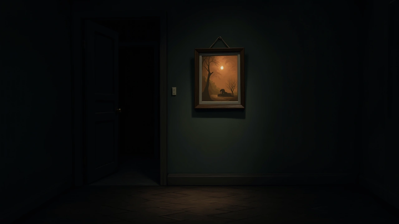 Illustration: an old framed photograph hanging on a wall in a dark house at night.