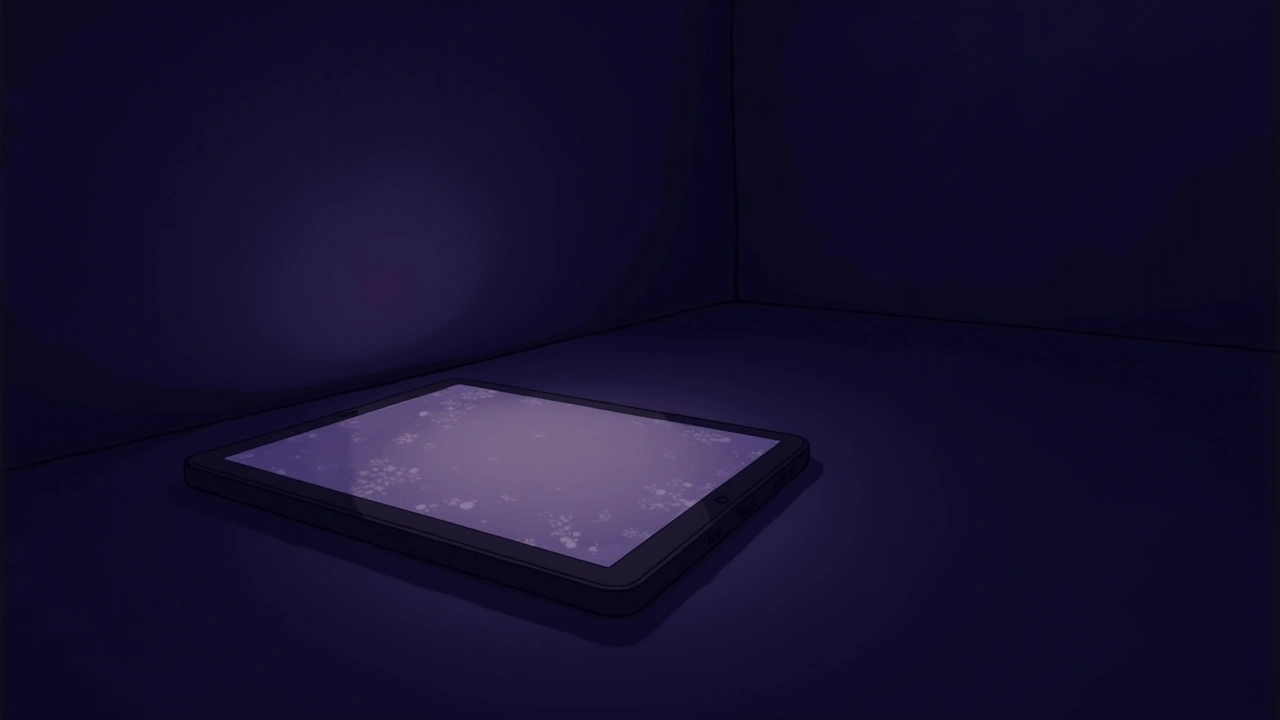 Illustration: A Bible resting on a tablet, its screen glowing faintly in a dim room.