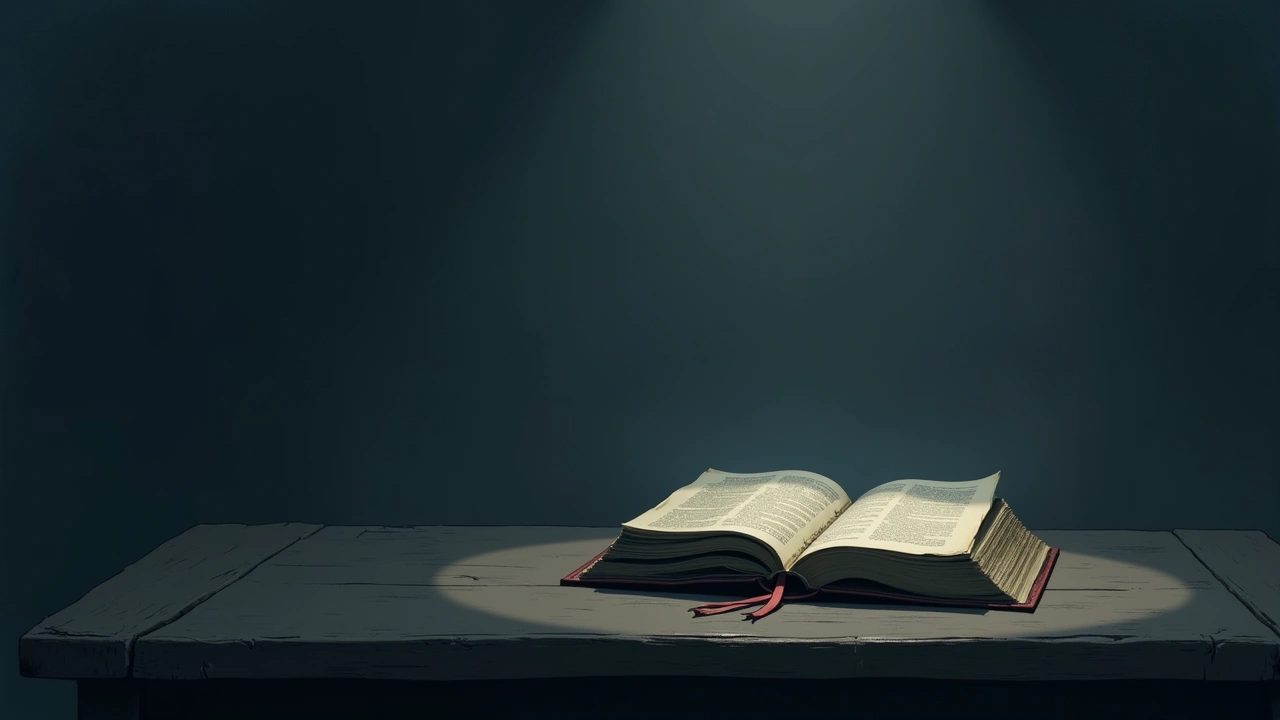 Illustration: An old family Bible open on a table, a faded photograph tucked inside.
