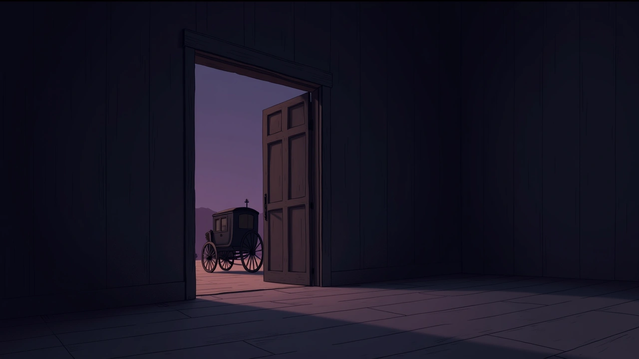 Illustration: an old western theater's dim interior at night, a vintage horse-drawn hearse visible through a doorway.