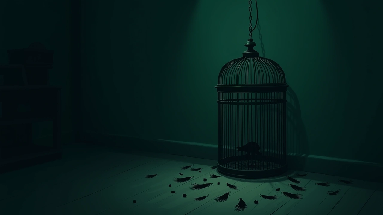 Illustration: a birdcage in a dim bedroom before dawn, loose feathers on the cage floor.